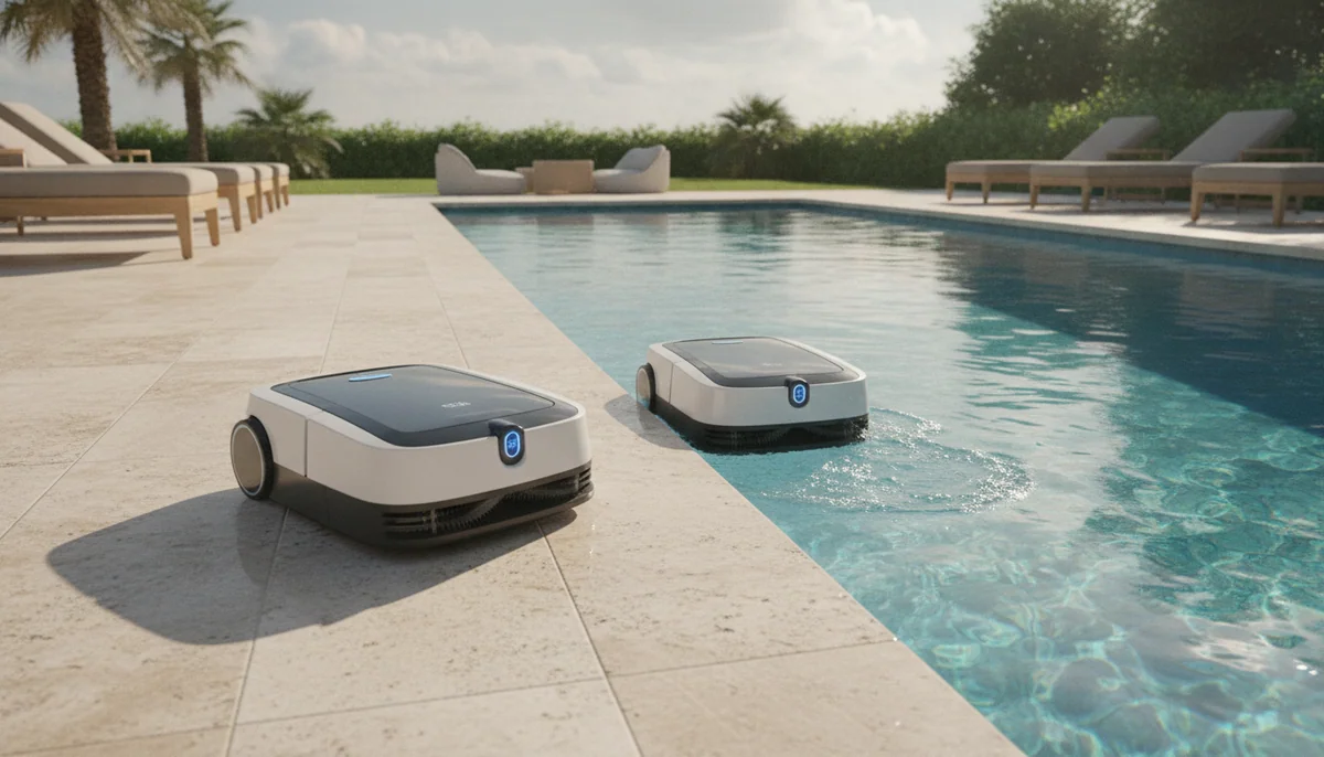 Two cordless robotic pool cleaners stand on a pool deck beside a rectangular in-ground pool, with one cleaner working along the wall underwater.