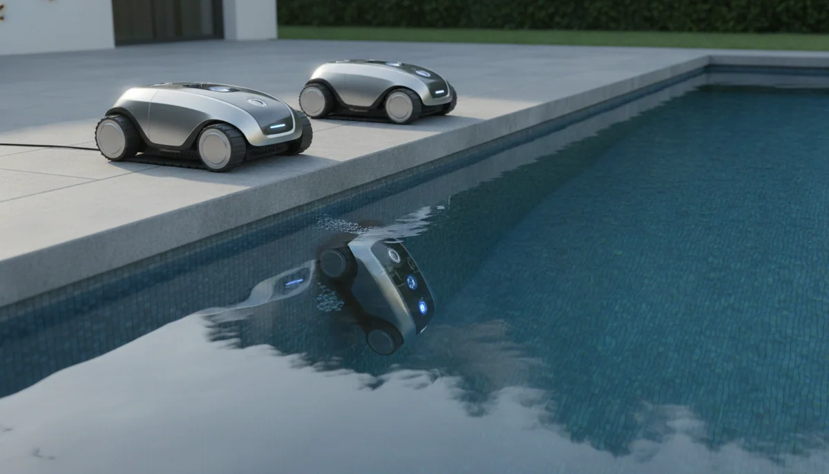 Two large robotic pool cleaners stand beside a polished pool with broad stone coping, while one climbs the wall below the waterline.