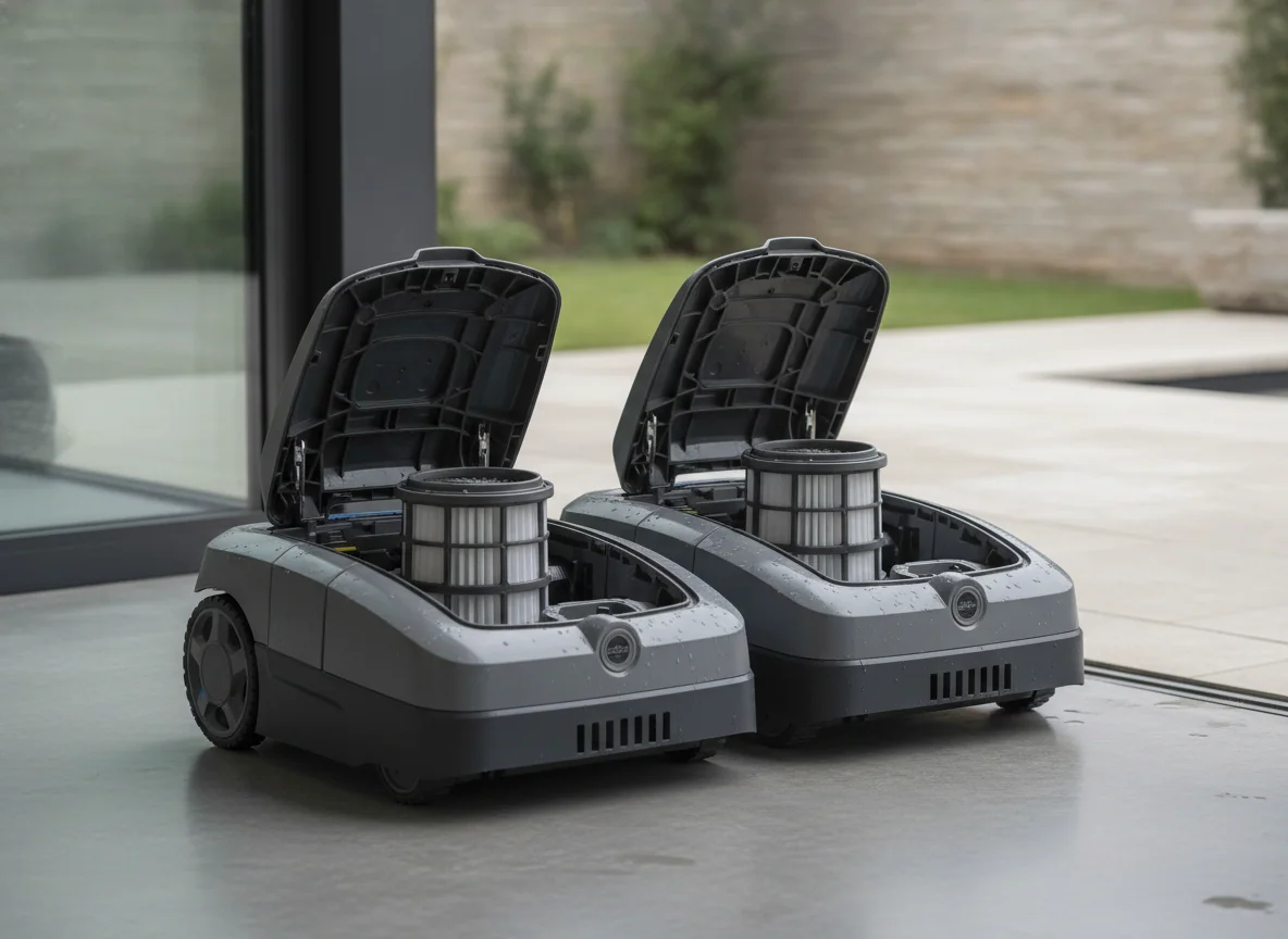 Two robotic pool cleaners sit side by side with their top-loading filter compartments open.