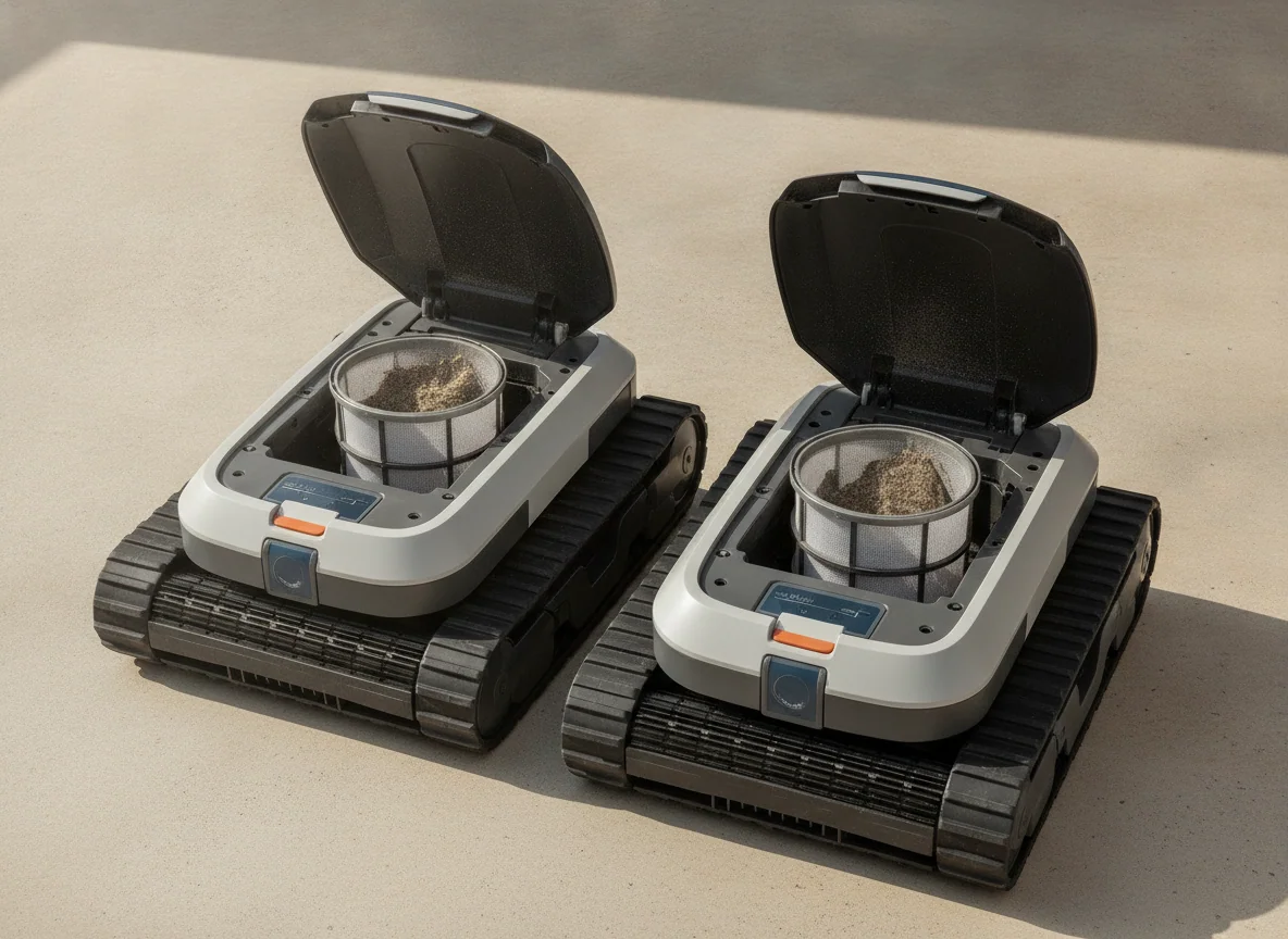 Two full-size robotic pool cleaners are shown side by side with their upper filter lids open and their broad tracks visible.