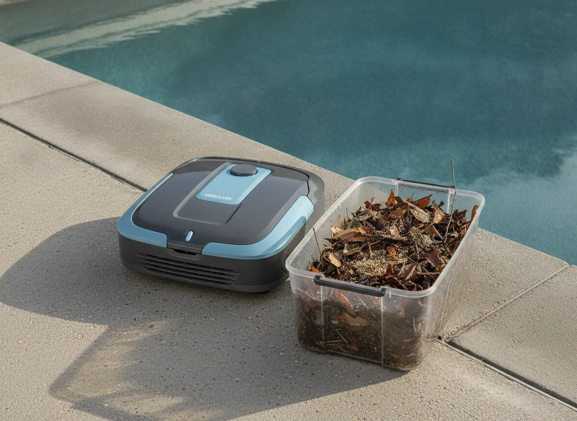 A budget-friendly robotic pool cleaner sits beside the pool with its removable filter basket full of leaves and grit.