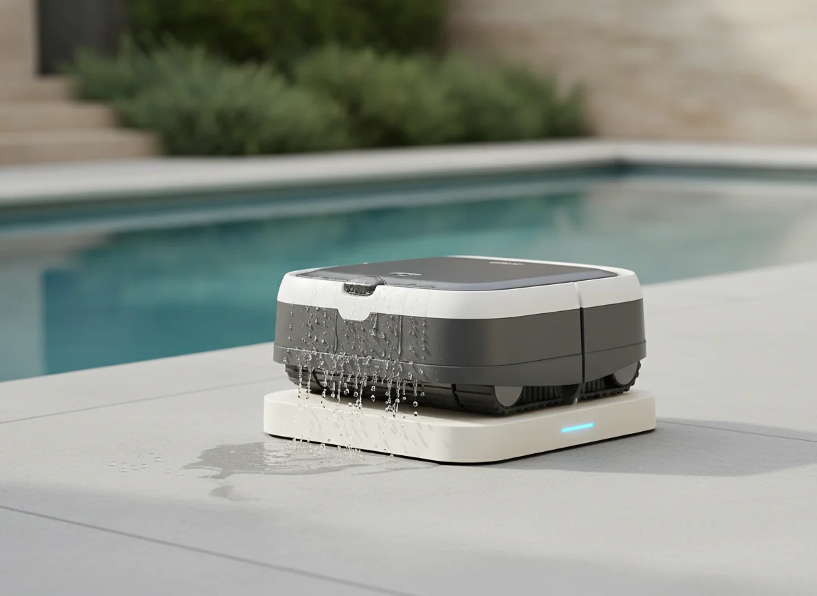 A cordless robotic pool cleaner rests on its charging dock with droplets running from its underside.