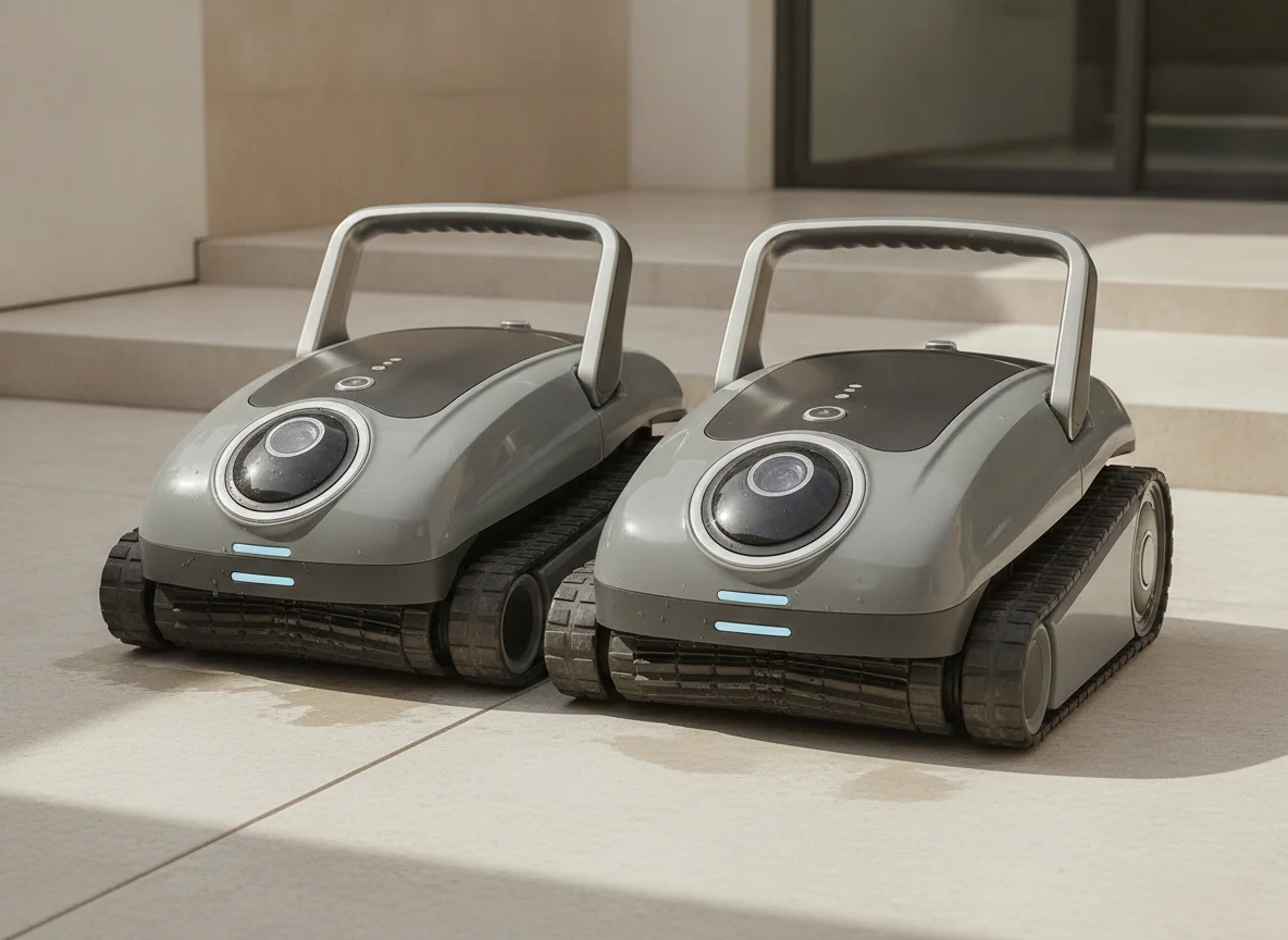 Two robotic pool cleaners are shown side by side with their front sensors, tracks, and carrying handles visible.