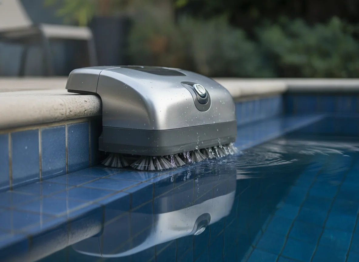 A robotic pool cleaner presses against the pool wall at the waterline, with its brushes working along the tile edge.
