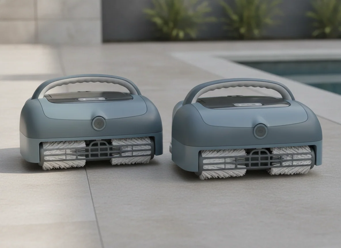 Two robotic pool cleaners rest side by side with their front brushes, intake openings, and carrying handles visible.