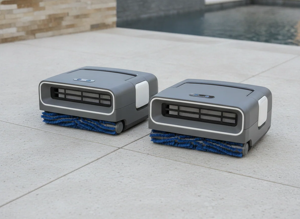 Two cordless robotic pool cleaners are placed side by side with their intake openings and front brushes visible.