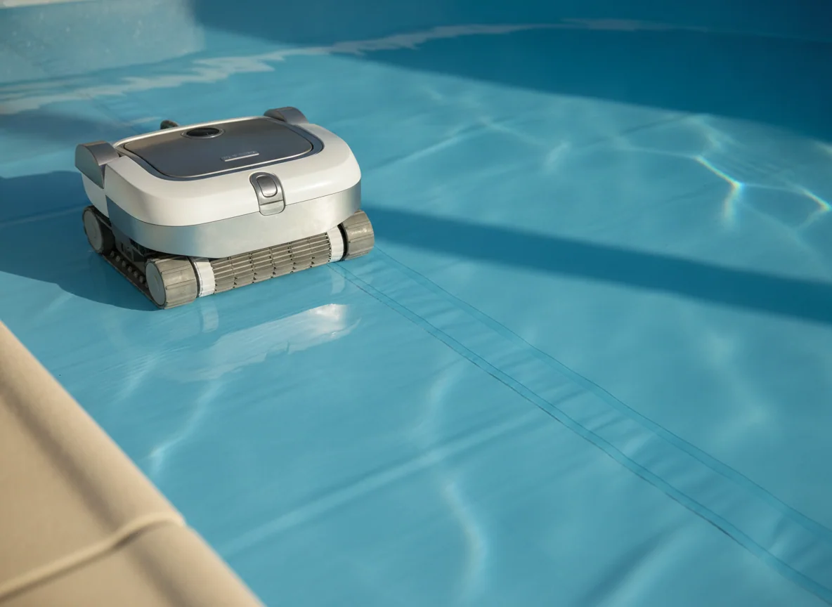 A robotic pool cleaner approaches the seam of a vinyl pool floor, with soft tracks touching the liner.