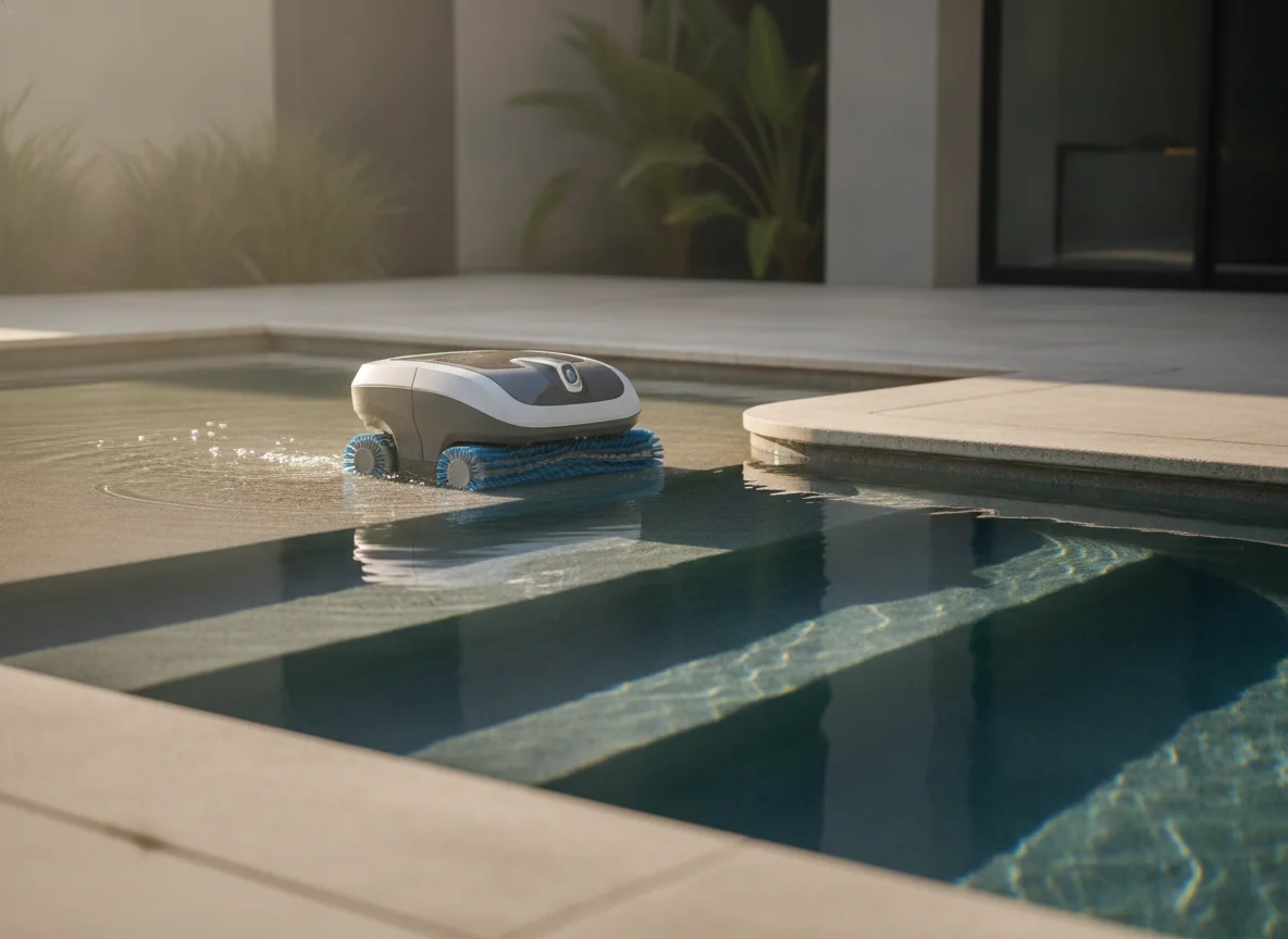 A robotic pool cleaner approaches the edge of a shallow sun shelf, with its front brushes meeting the step lip.