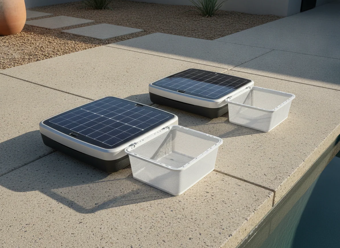 Two solar robotic pool skimmers sit side by side on the deck with their top panels and removable debris baskets visible.