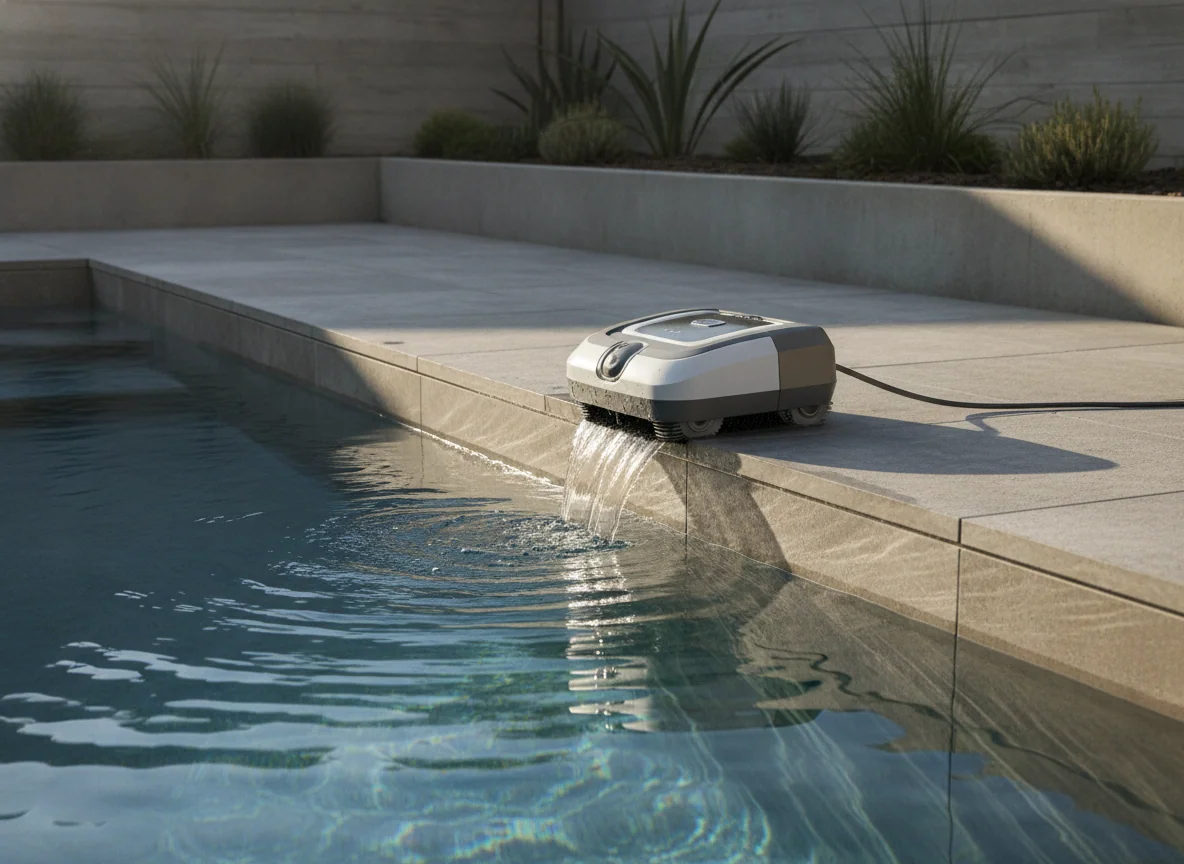 A robotic pool cleaner climbs the vertical wall of an in-ground pool, brushing just below the waterline.
