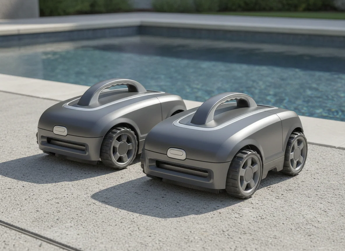 Two compact robotic pool cleaners are placed side by side with their handles, wheels, and intake openings visible.