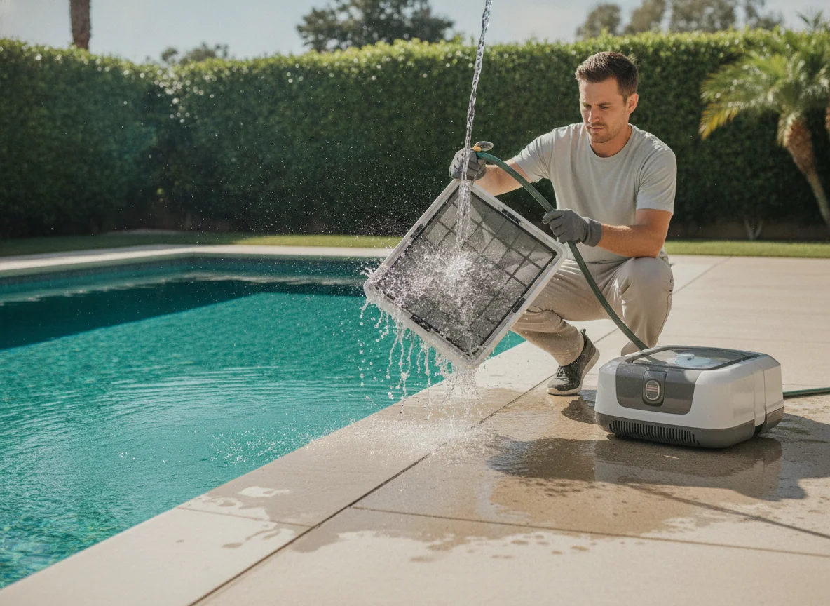 A person rinses the open filter basket of a robotic pool cleaner with a garden hose beside the pool.