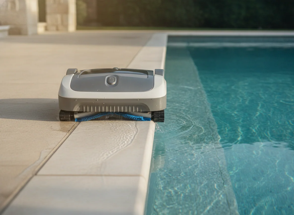 A robotic pool cleaner brushes along the tile line at the water's edge, with its tracks pressed against the wall.