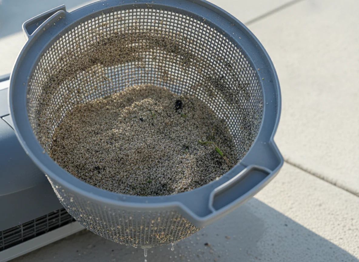 A close view of an opened robotic pool cleaner filter basket holding fine grit and tiny debris after a cleaning cycle.