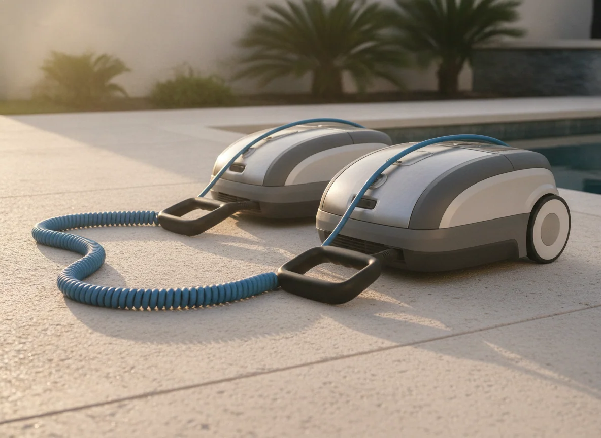 Two robotic pool cleaners lie side by side with coiled floating cables and handles visible.