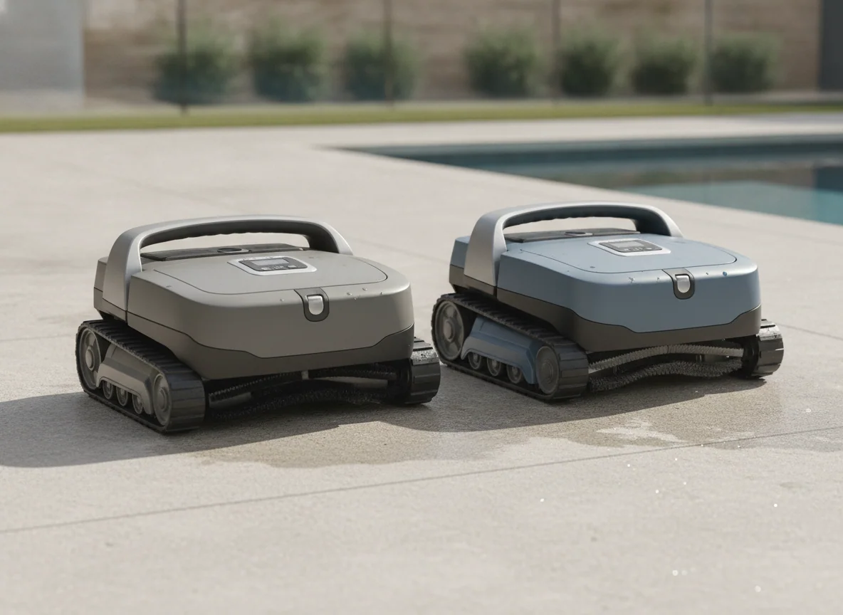 Two full-size robotic pool cleaners sit beside each other with their top controls, handles, and tracks visible.