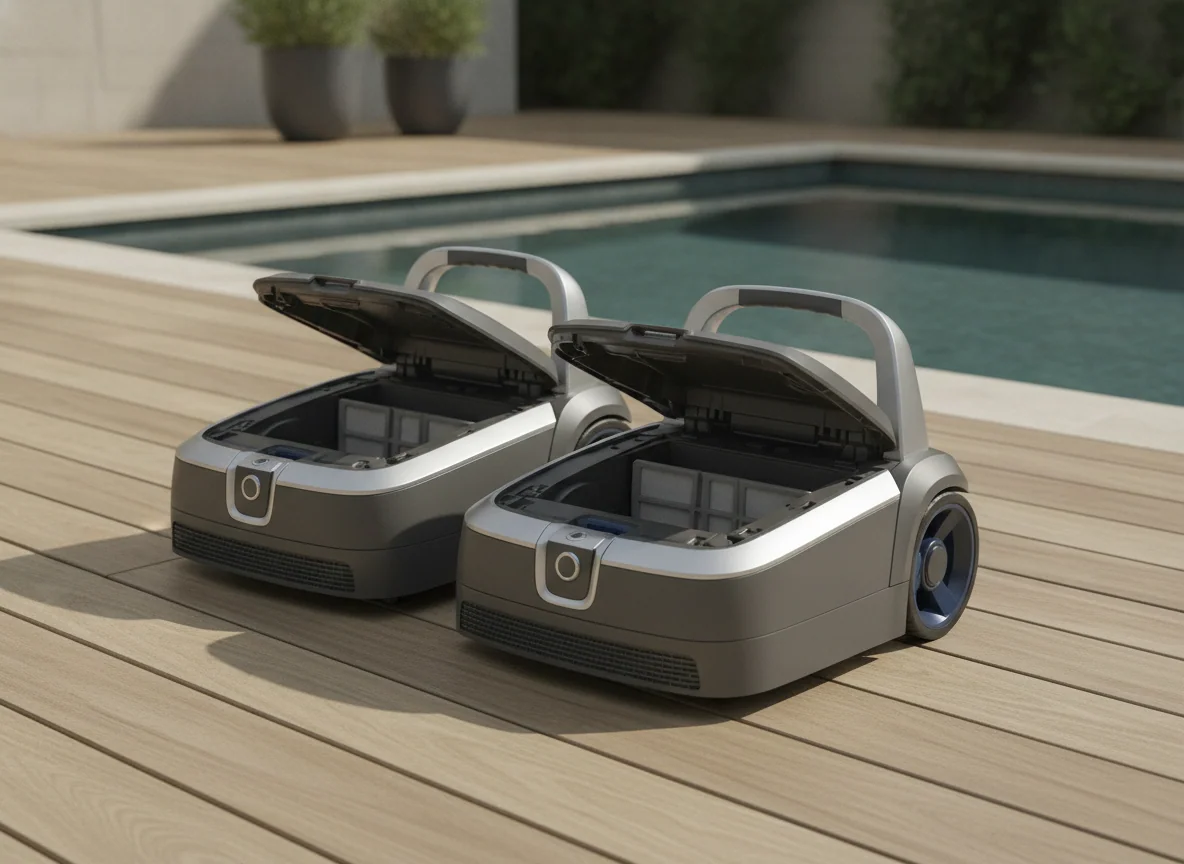 Two robotic pool cleaners are arranged side by side on the deck with their top covers and handles visible.