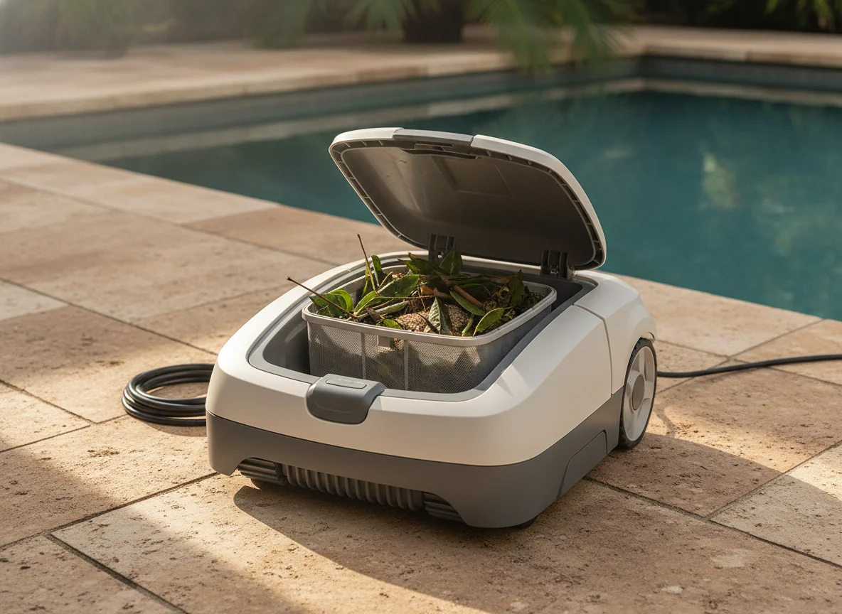 A robotic pool cleaner rests on the pool deck with its top-loading filter basket open and leaves collected inside.