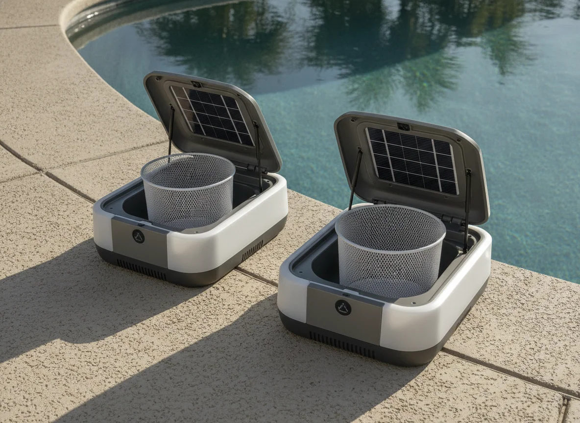 Two solar robotic pool skimmers rest side by side on the pool deck with their leaf baskets open.