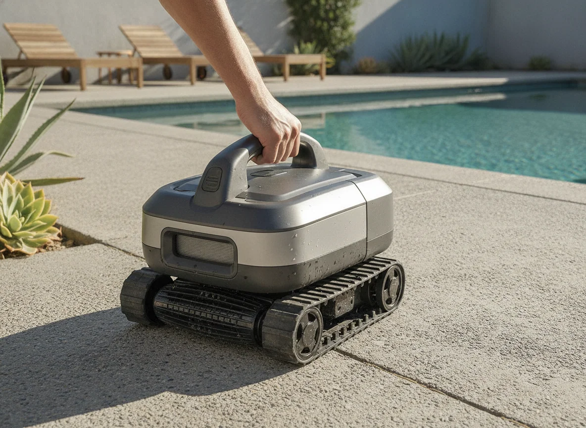 A compact robotic pool cleaner is carried by its handle across the pool deck, with its tracks and intake visible.