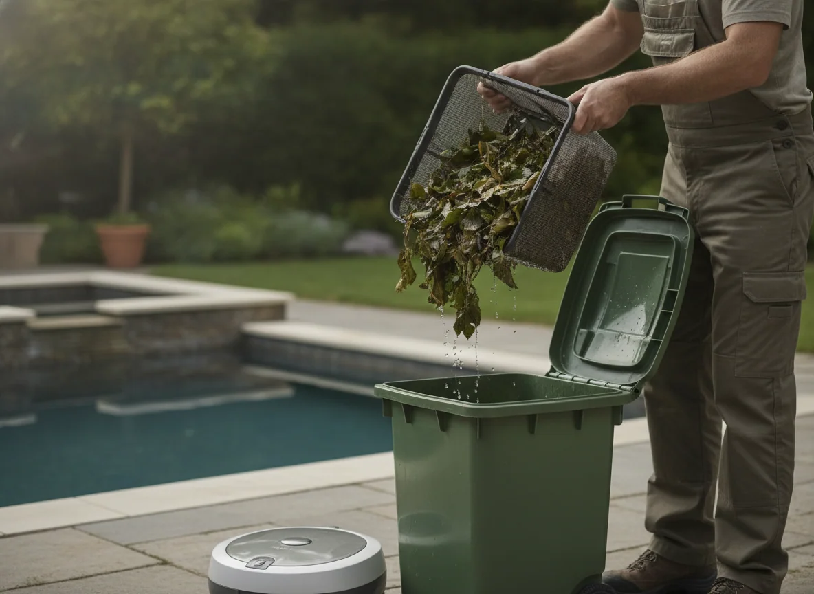 A person empties a robotic pool cleaner's filter basket filled with wet leaves and small twigs into a yard bin.