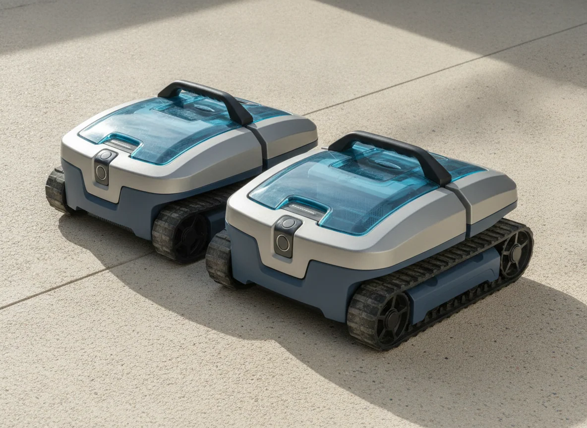 Two robotic pool cleaners are viewed side by side with their tracks, filter lids, and carry handles visible.