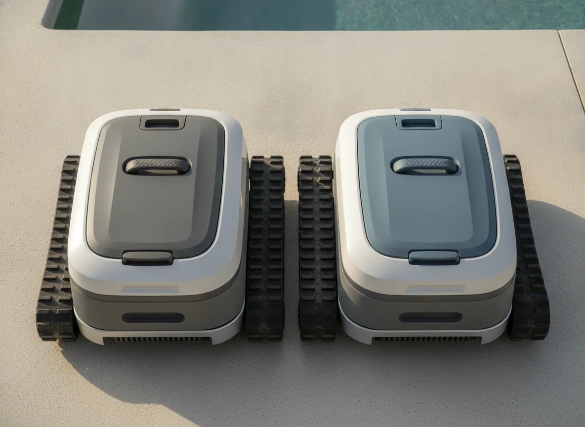 Two robotic pool cleaners are viewed side by side from above, showing their broad tracks and top filter doors.