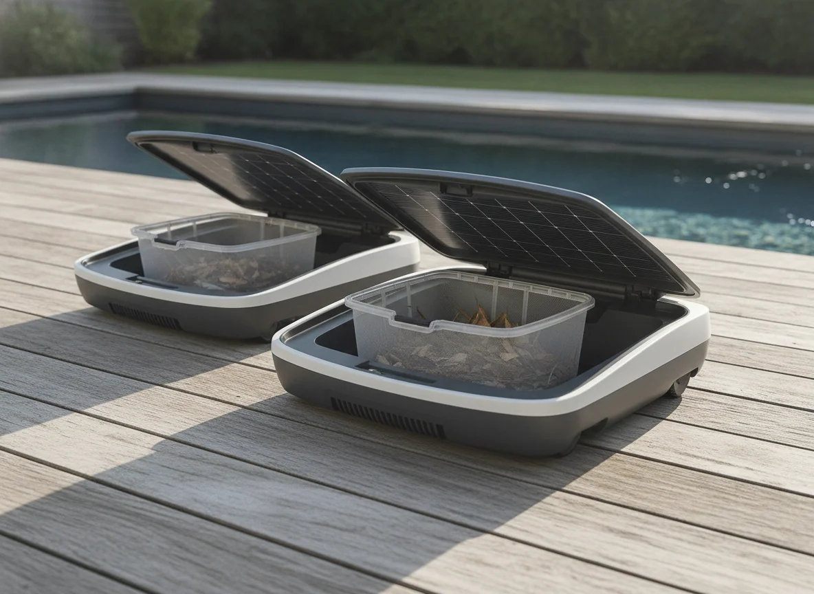 Two solar robotic pool skimmers sit on the deck with their top solar panels and open leaf baskets visible.