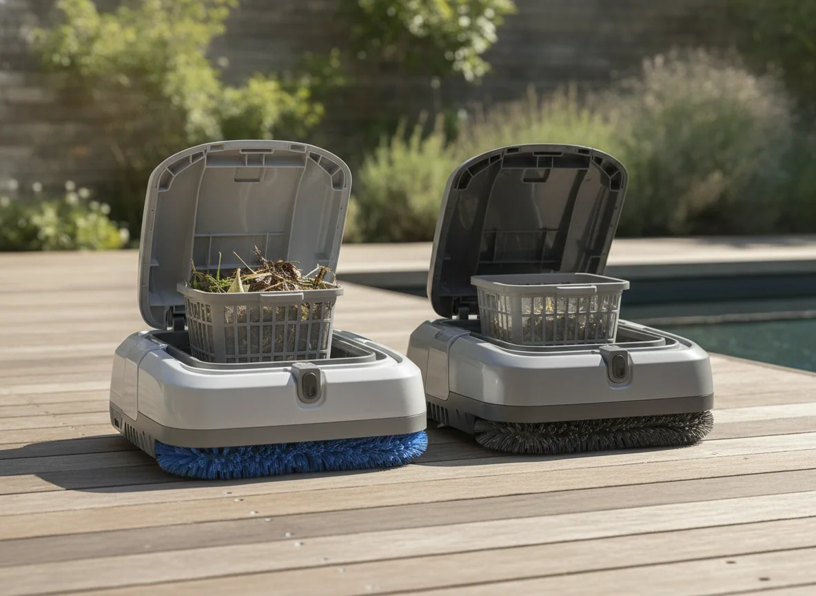 Two robotic pool cleaners are placed side by side on the deck with their open filter baskets and front brushes visible.