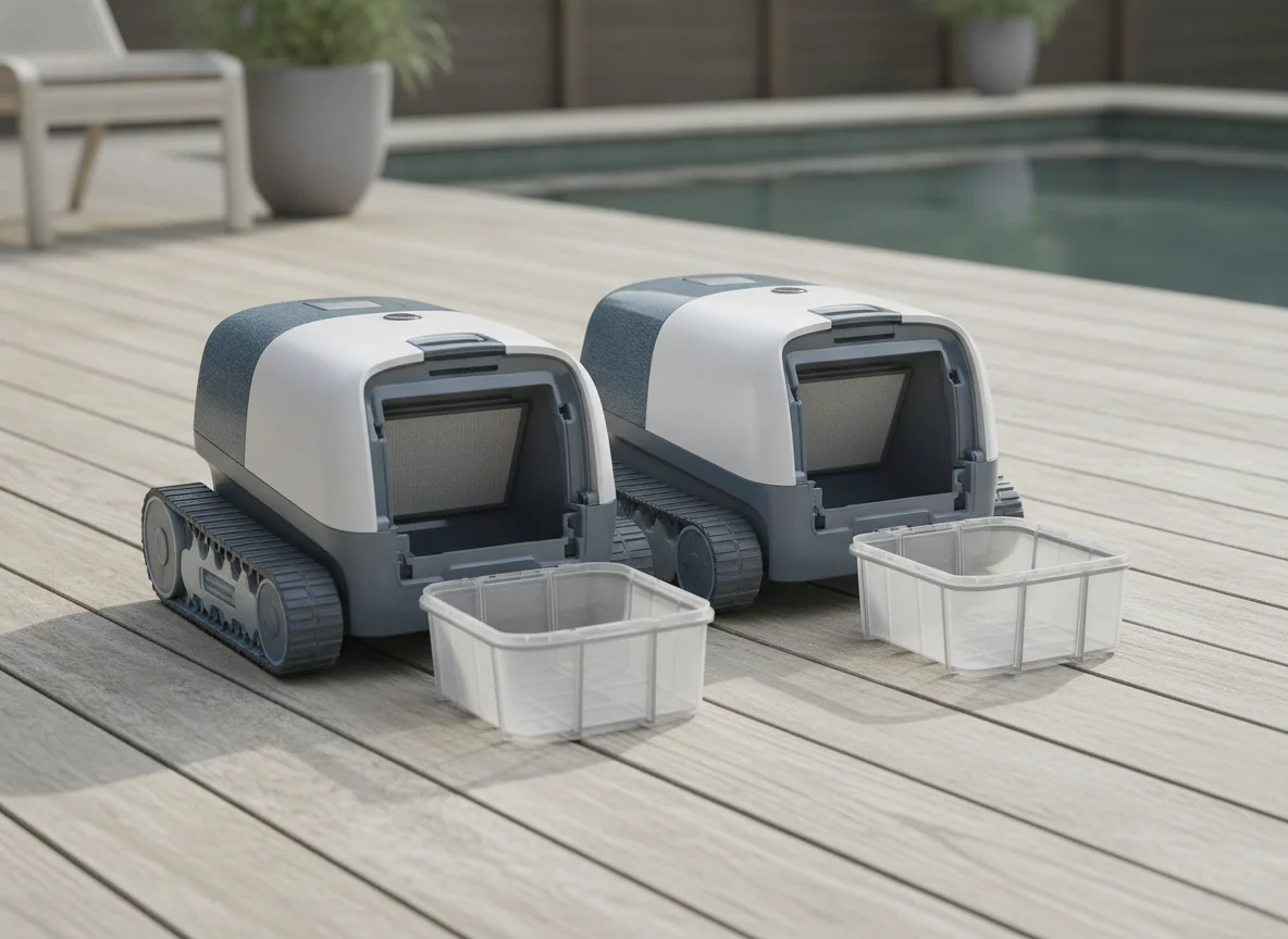 Two compact robotic pool cleaners rest side by side on the deck with their filter baskets removed.