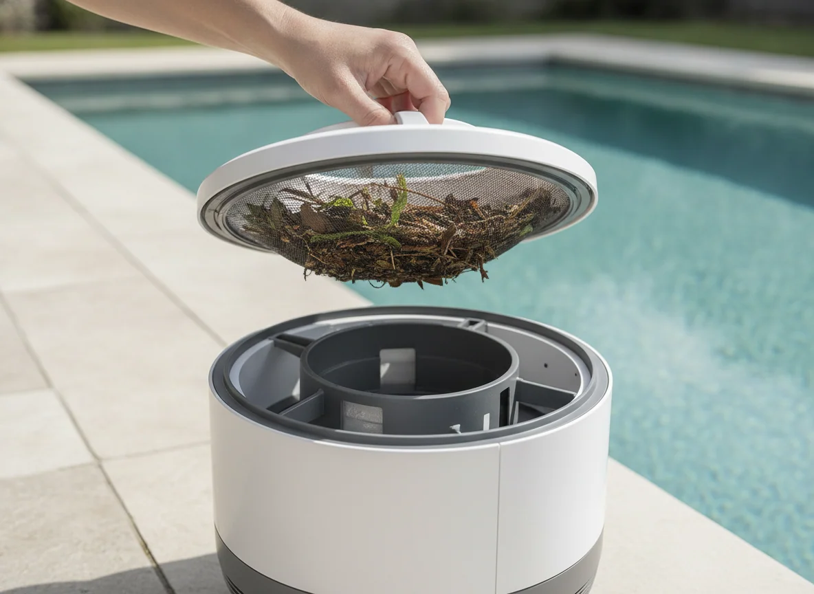 A person opens the top basket of a robotic pool skimmer, showing leaves and small twigs caught inside.
