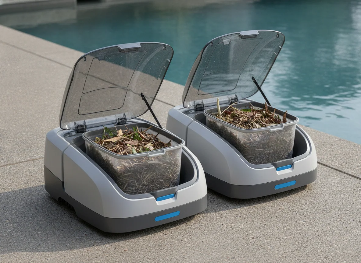 Two robotic pool cleaners are shown side by side on the deck with open filter lids and collected debris baskets.