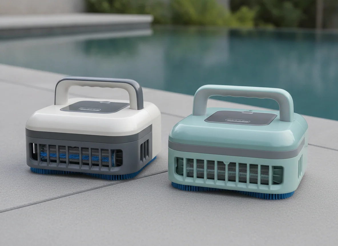 Two cordless robotic pool cleaners sit side by side with their front brushes, bottom intakes, and handles visible.