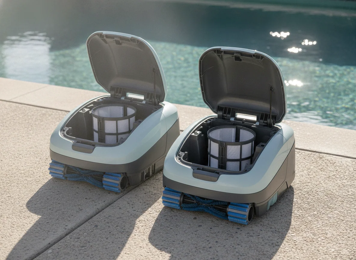 Two robotic pool cleaners are arranged side by side with their upper filter compartments open and their brushes visible.