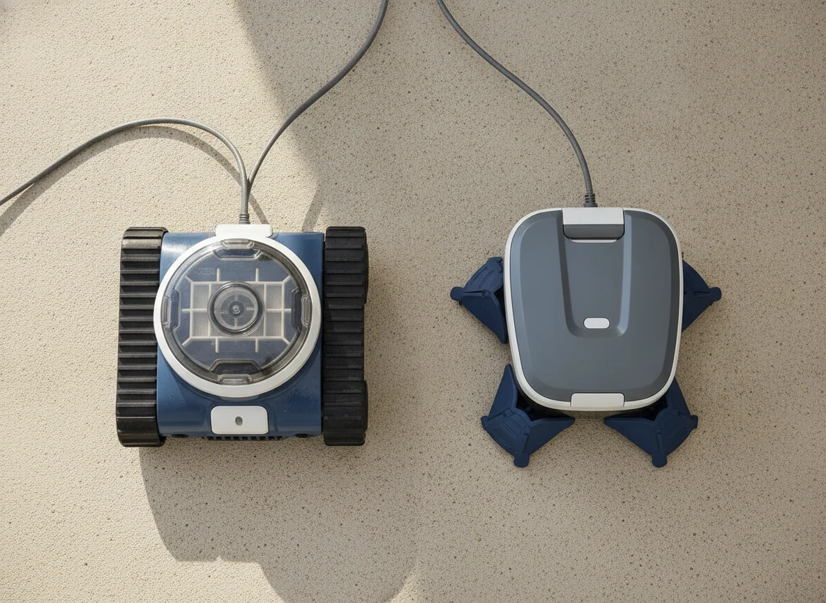 Two corded robotic pool cleaners are viewed from above on the deck, showing their different track shapes and filter lids.