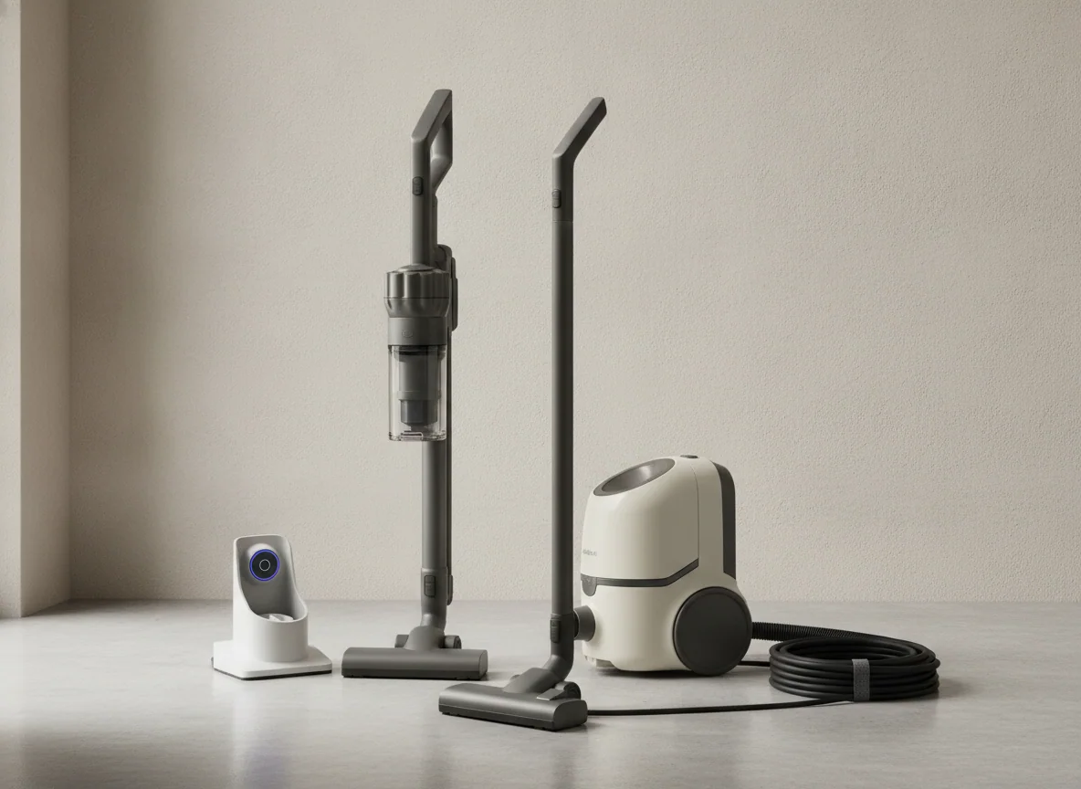 The cordless cleaner's charging base and the corded cleaner's coiled cable are arranged beside the two machines.