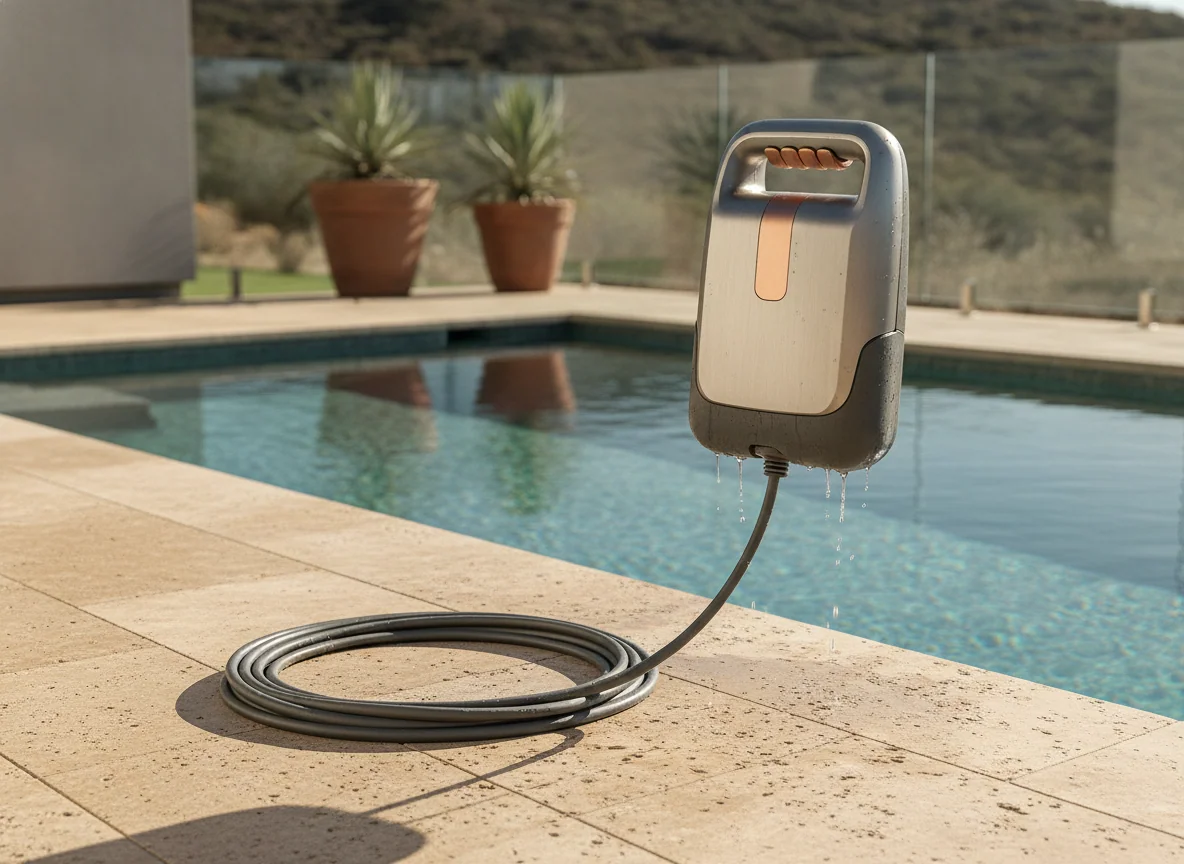 A corded robotic pool cleaner is lifted by its handle as its cable loops neatly on the pool deck.