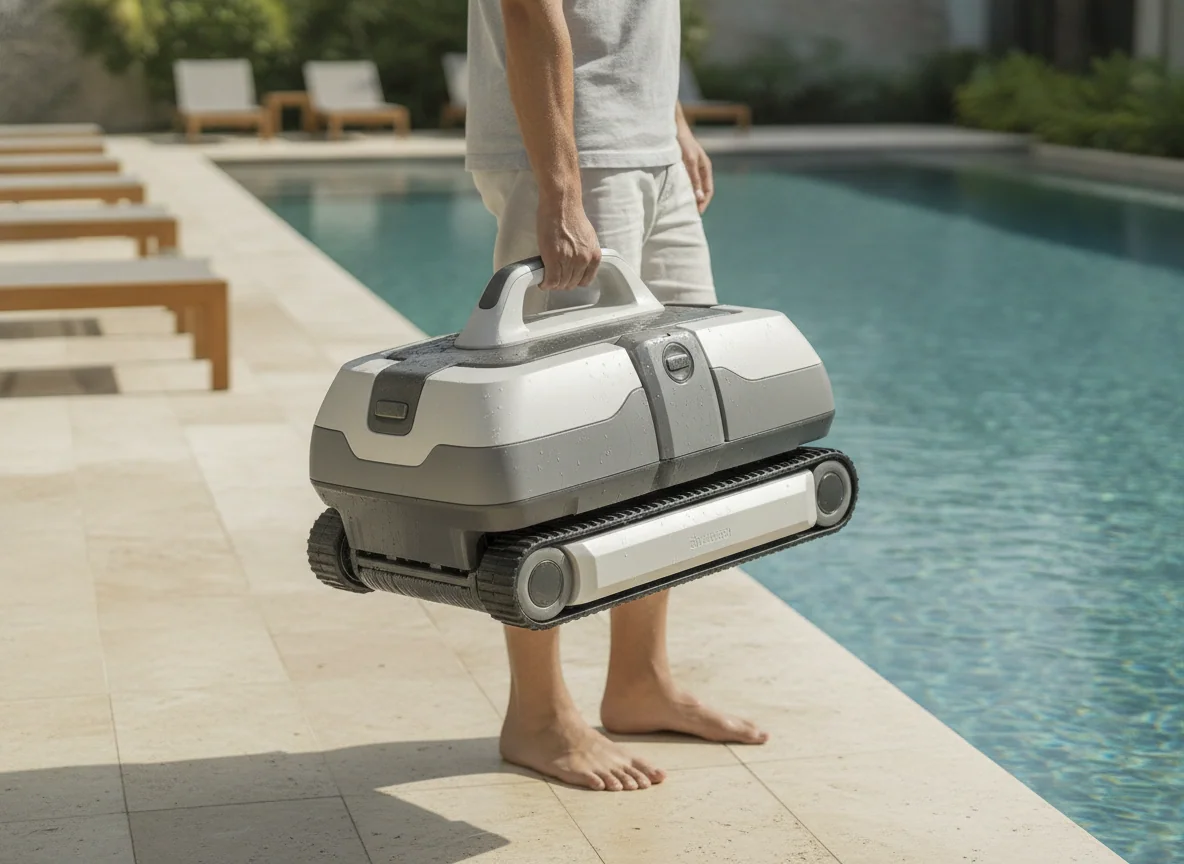 A person carries a full-size robotic pool cleaner beside a large pool, showing its sturdy handle and broad tracks.