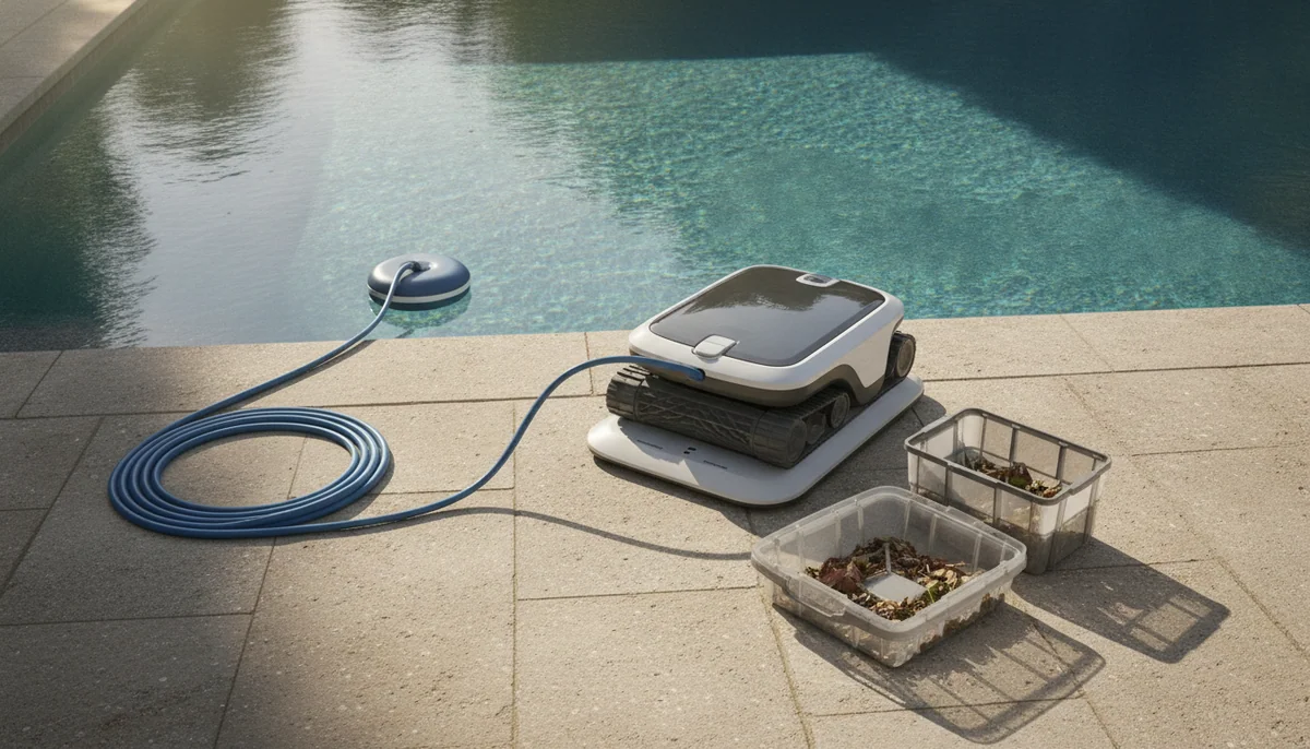 A robotic pool cleaner, a cordless charging base, a floating cable, and an open filter basket are neatly arranged beside a clear backyard pool.