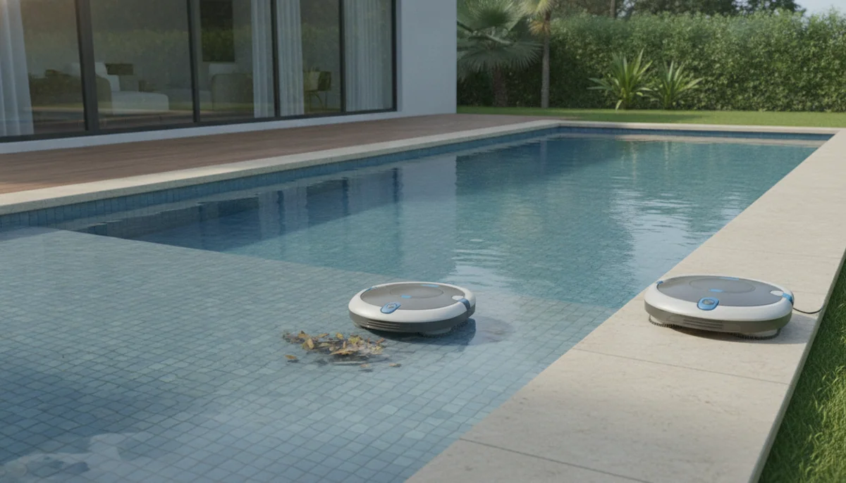 Two compact robotic pool cleaners sit beside a modest rectangular pool, with one cleaning a patch of leaves on the shallow floor.