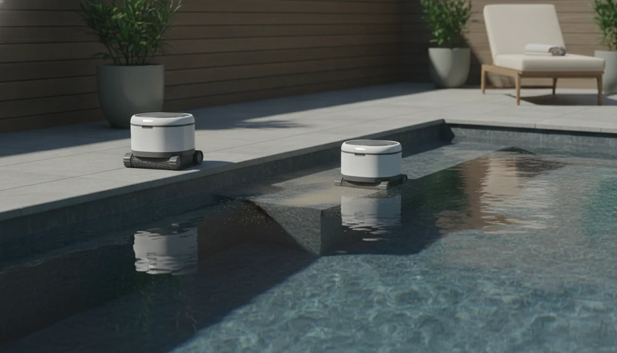 Two compact cordless robotic pool cleaners sit beside a small backyard pool, with one cleaner working along the shallow floor.